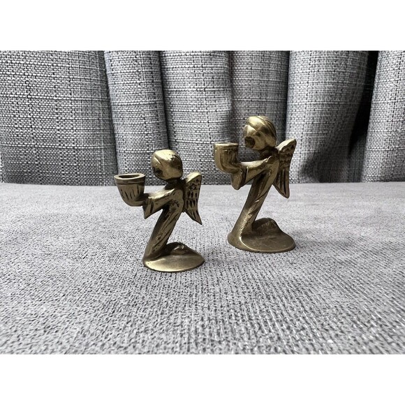 Vtg Brass Kneeling Angels Mini Small Candle Holders Incense Lot of 2 - Picture 1 of 6